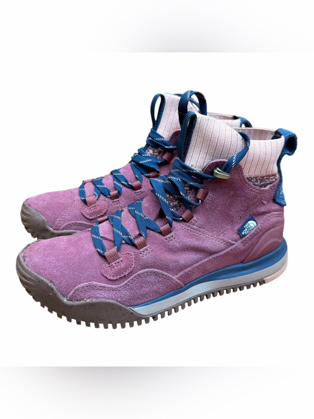 The North Face women size 7 Pink Suede Trail Boots with Blue Accents